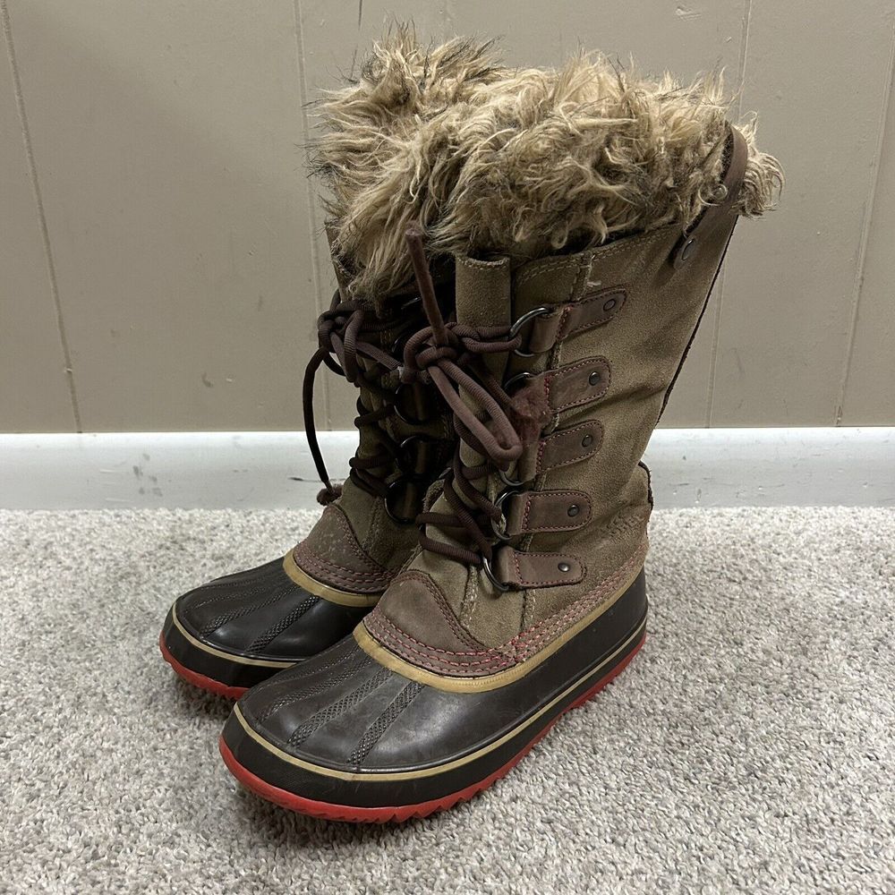 Sorel Joan Of Arctic Boots Women's 7 Faux Fur Trim Brown Pink Lace Up